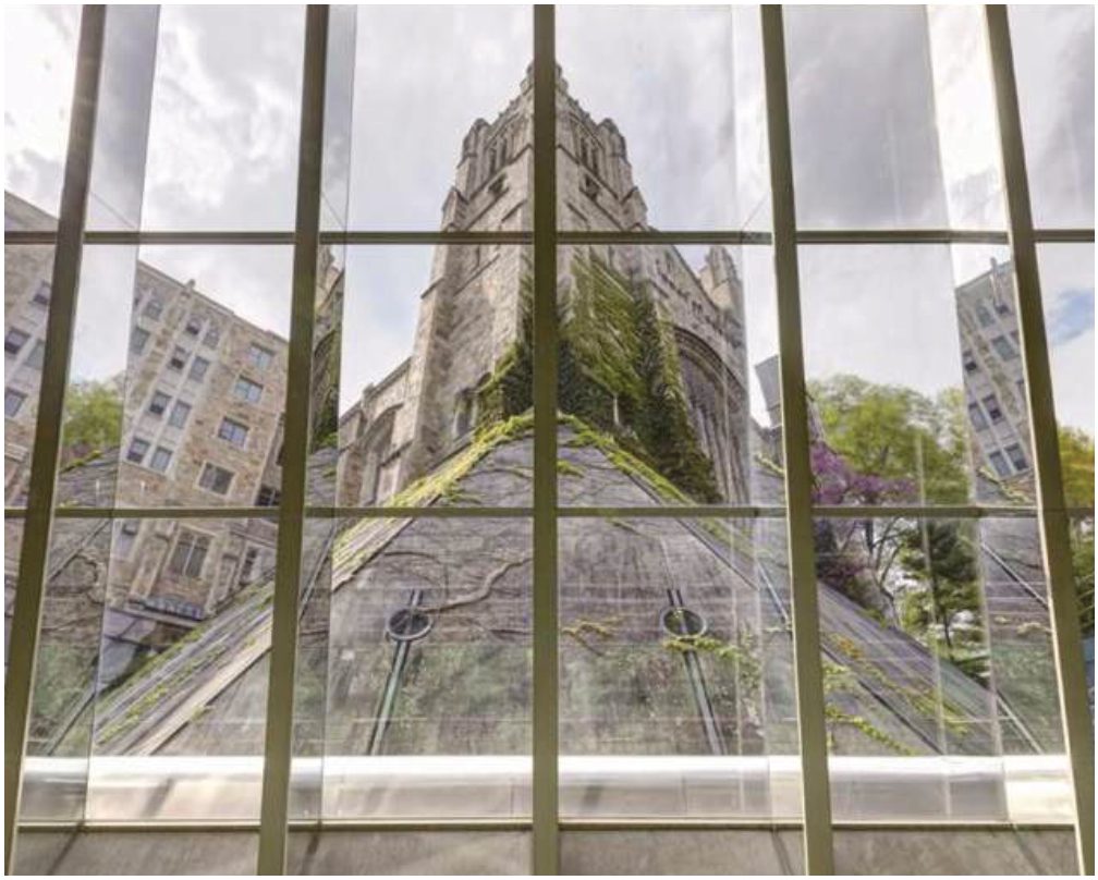 Looking up at the Gothic Legal Research Building through the angled glass of the underground library
